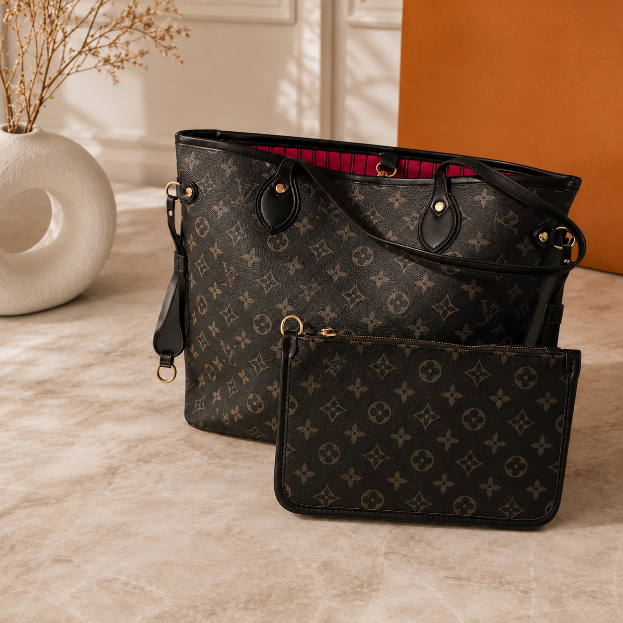 Monogram Carryall Tote Bag | Luxury Inspired Shoulder Bag | Large Everyday Tote | Classic Pattern Handbag | Women’s Travel Purse