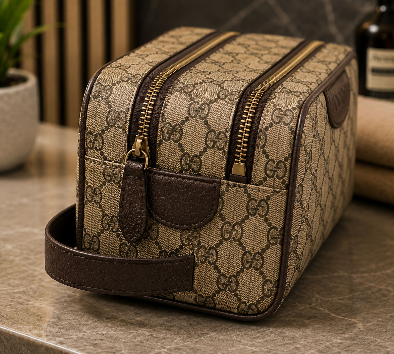 Signature Pattern Toiletry Bag | Luxury Inspired Travel Pouch | Brown Cosmetic Organizer | Unisex Toiletry Case | Travel Essentials Bag