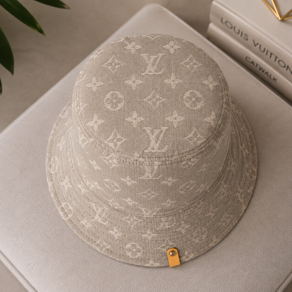 Light Gray Monogram Bucket Hat | Luxury Inspired Fashion Hat | Unisex Patterned Sun Hat | Trendy Streetwear Hat | Everyday Accessory