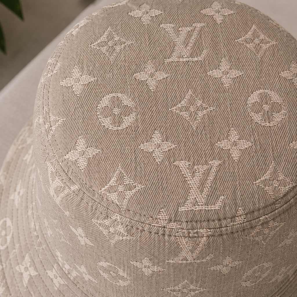 Light Gray Monogram Bucket Hat | Luxury Inspired Fashion Hat | Unisex Patterned Sun Hat | Trendy Streetwear Hat | Everyday Accessory