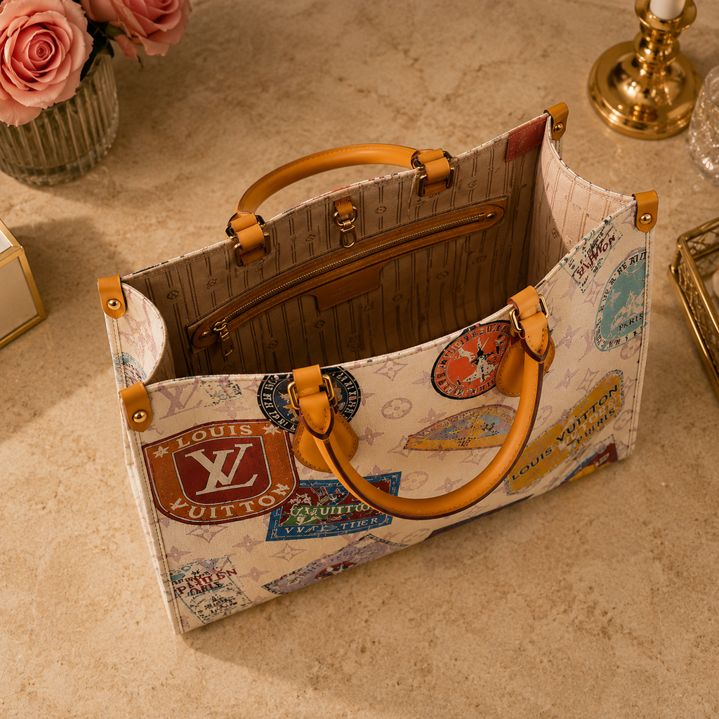 Stamp Print Travel Tote Bag | Luxury Inspired Carryall | Large Pattern Shoulder Bag | Everyday Weekender Tote | Women’s Travel Handbag