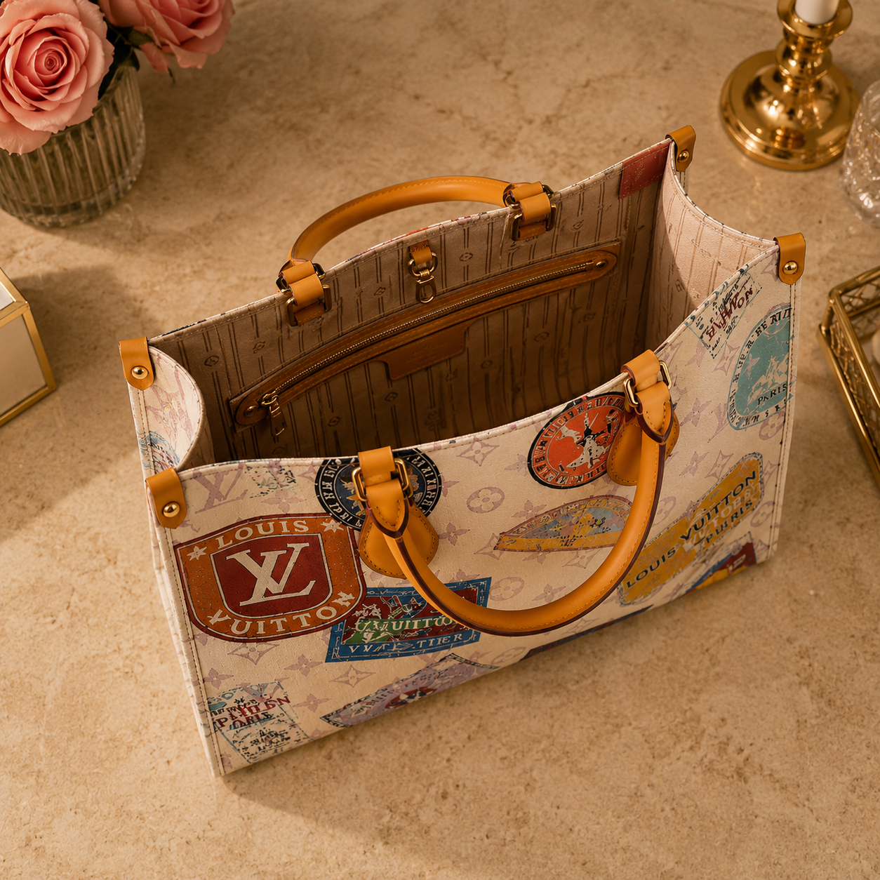 Stamp Print Travel Tote Bag | Luxury Inspired Carryall | Large Pattern Shoulder Bag | Everyday Weekender Tote | Women’s Travel Handbag