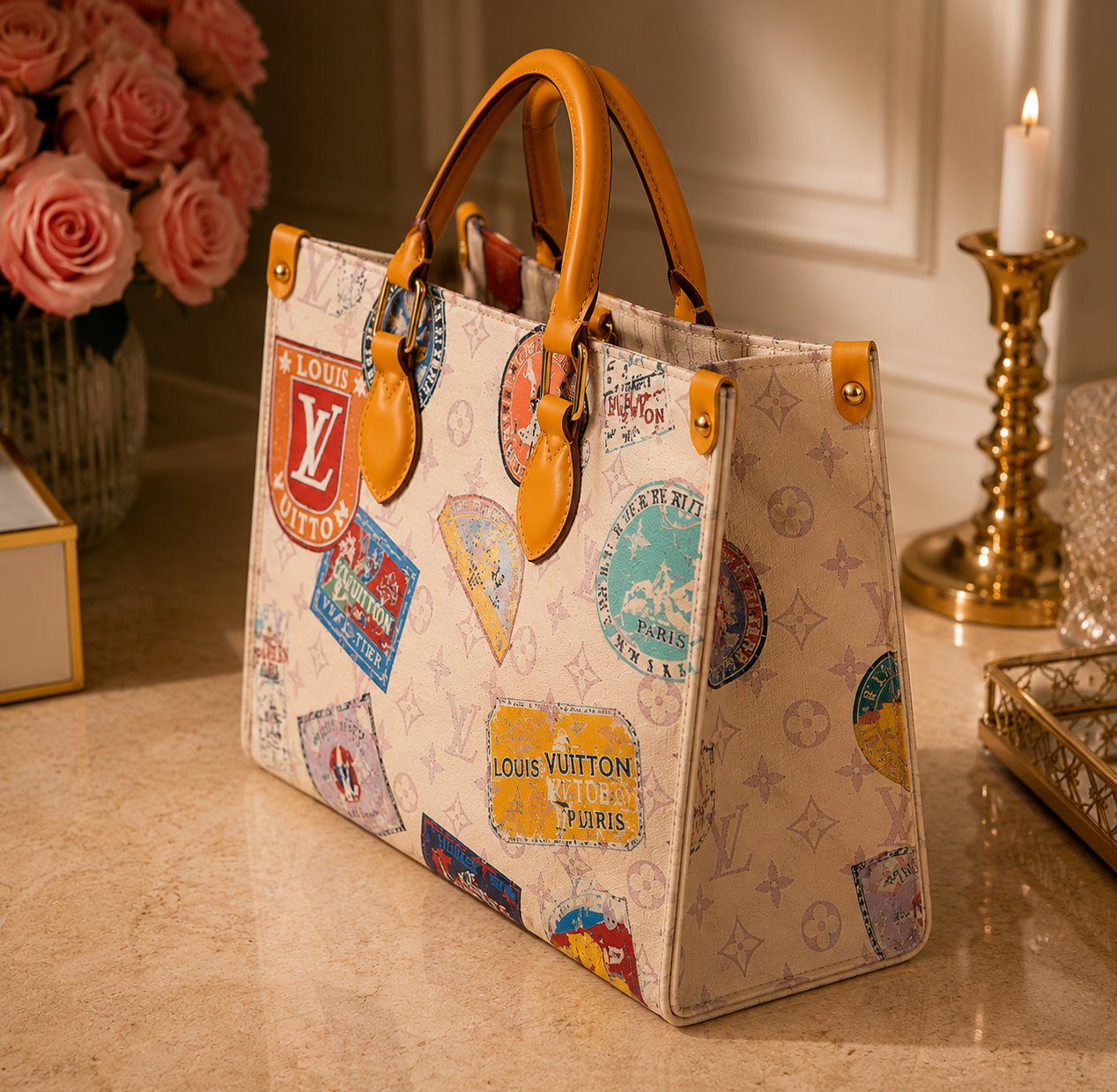 Stamp Print Travel Tote Bag | Luxury Inspired Carryall | Large Pattern Shoulder Bag | Everyday Weekender Tote | Women’s Travel Handbag