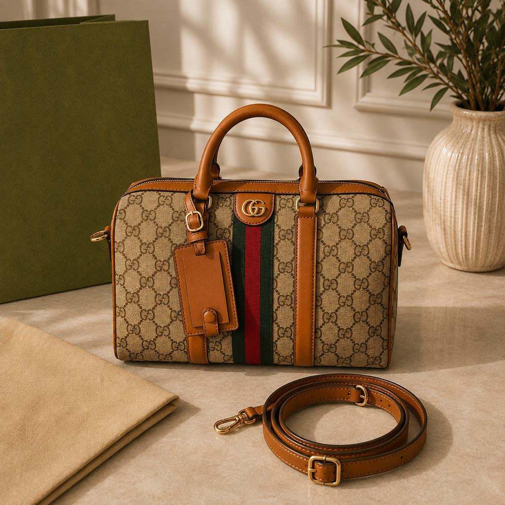 Signature Pattern Boston Bag | Luxury Inspired Handbag | Classic Travel Purse | Structured Top Handle Bag | Women’s Everyday Carryall