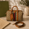 Signature Pattern Boston Bag | Luxury Inspired Handbag | Classic Travel Purse | Structured Top Handle Bag | Women’s Everyday Carryall