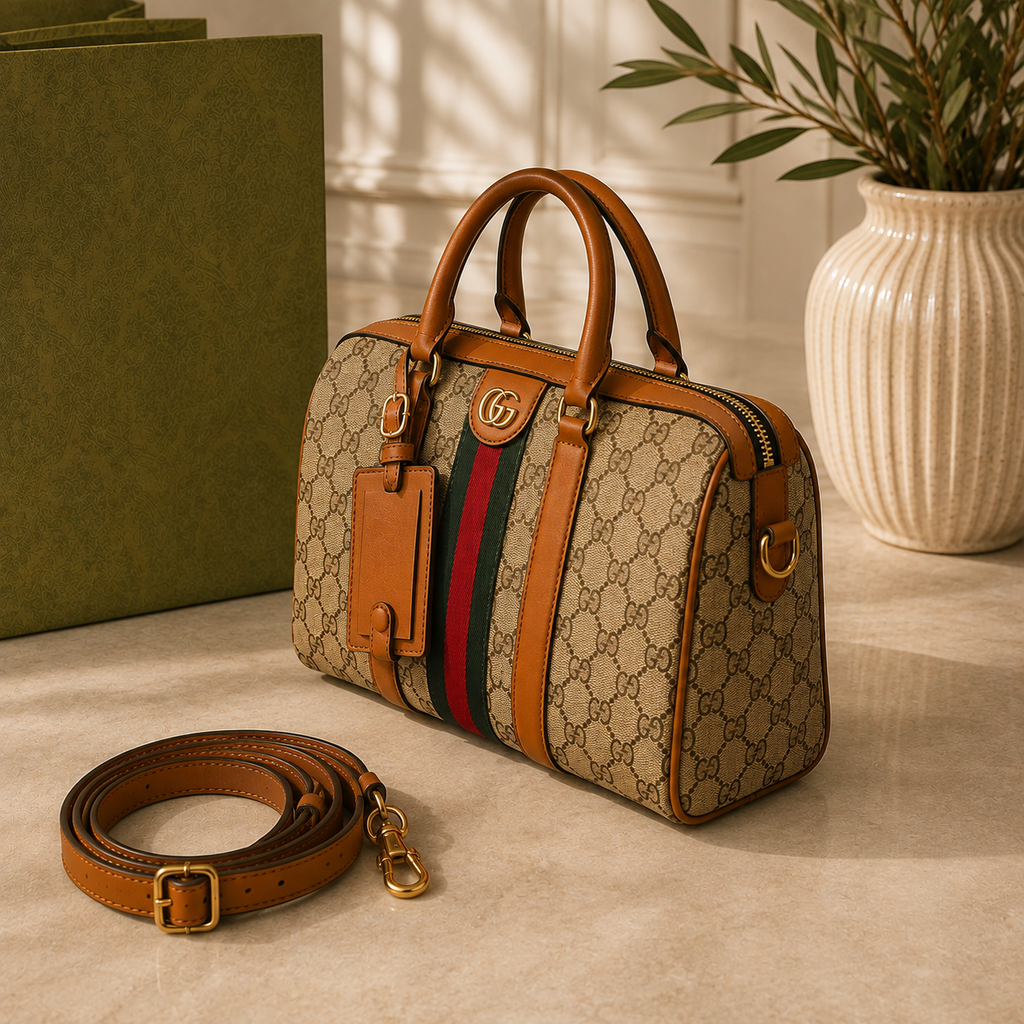 Signature Pattern Boston Bag | Luxury Inspired Handbag | Classic Travel Purse | Structured Top Handle Bag | Women’s Everyday Carryall