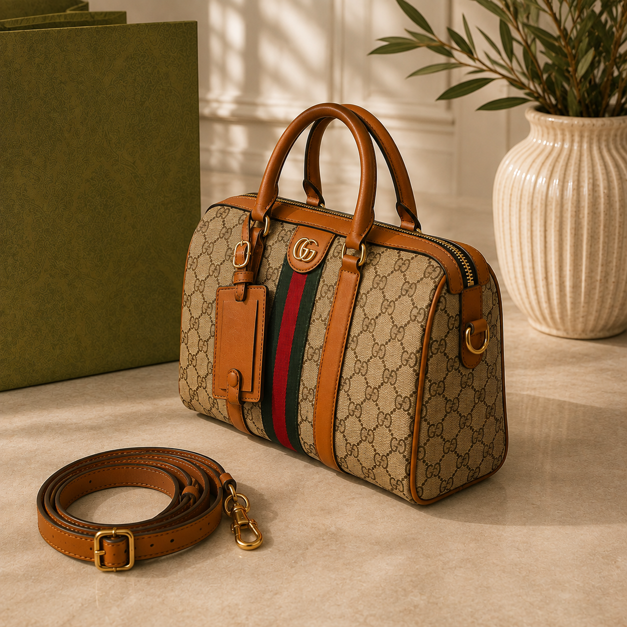 Signature Pattern Boston Bag | Luxury Inspired Handbag | Classic Travel Purse | Structured Top Handle Bag | Women’s Everyday Carryall