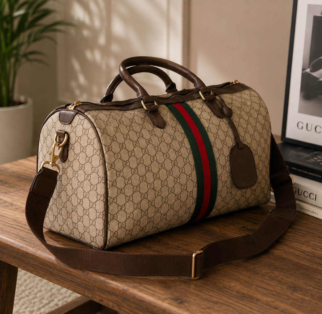 Monogram Duffle Bag | Luxury Inspired Weekender Bag | Brown Travel Bag | Green Red Stripe Carry On | Unisex Overnight Duffle