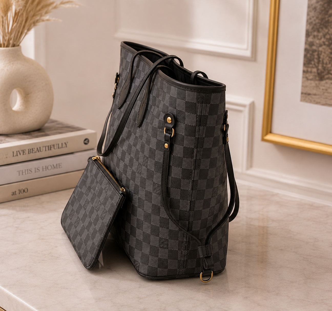 Black Monogram Tote Bag | Luxury-Inspired Shoulder Bag | Large Everyday Carryall Tote | Classic Pattern Handbag | Women’s Travel Purse
