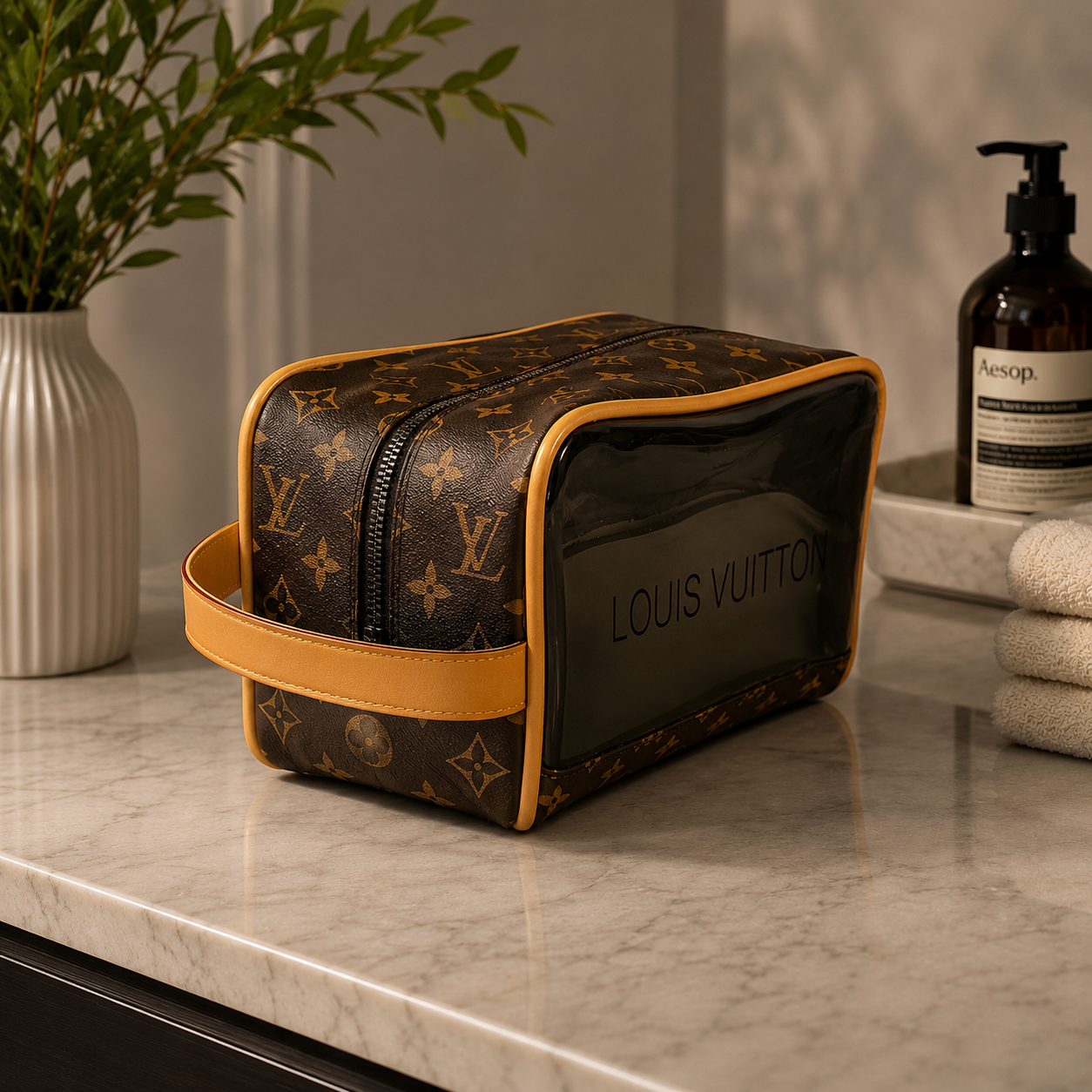 Monogram Toiletry Bag | Luxury Inspired Travel Pouch | Brown Pattern Cosmetic Organizer | Unisex Toiletry Case | Travel Essentials Bag