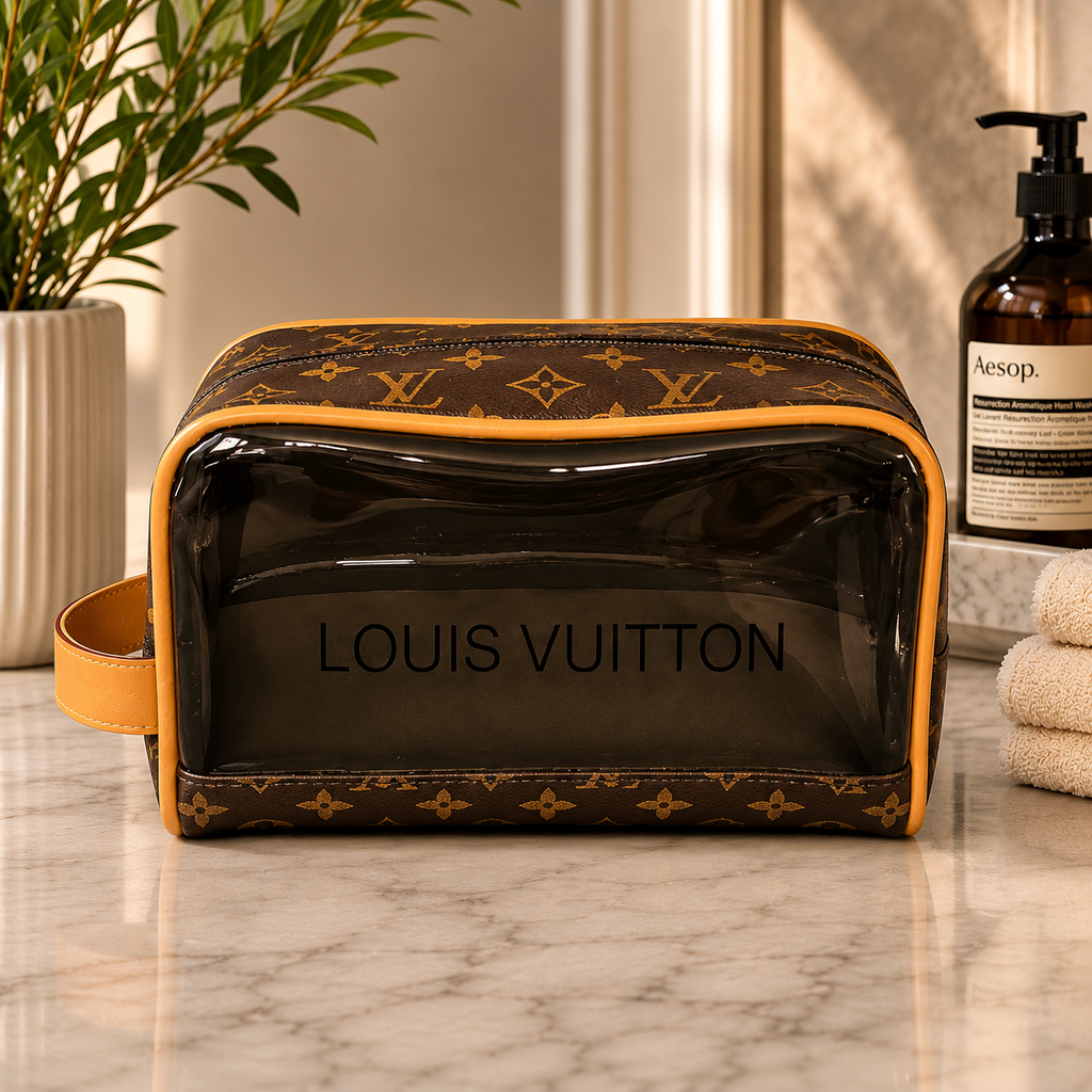 Monogram Toiletry Bag | Luxury Inspired Travel Pouch | Brown Pattern Cosmetic Organizer | Unisex Toiletry Case | Travel Essentials Bag