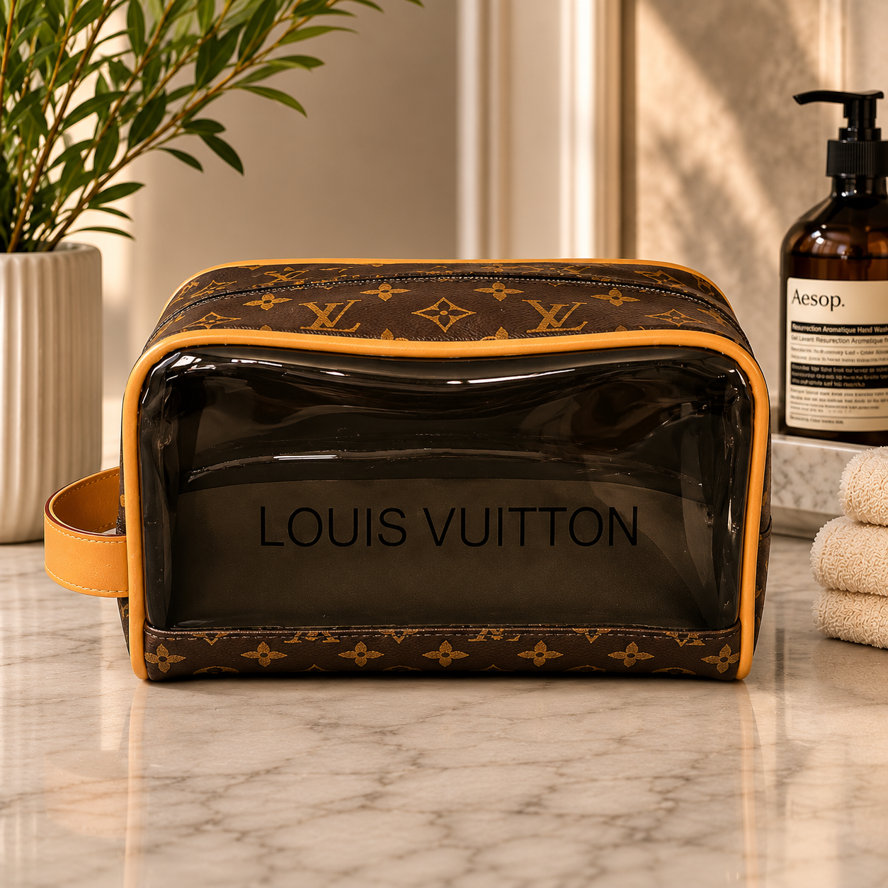Monogram Toiletry Bag | Luxury Inspired Travel Pouch | Brown Pattern Cosmetic Organizer | Unisex Toiletry Case | Travel Essentials Bag