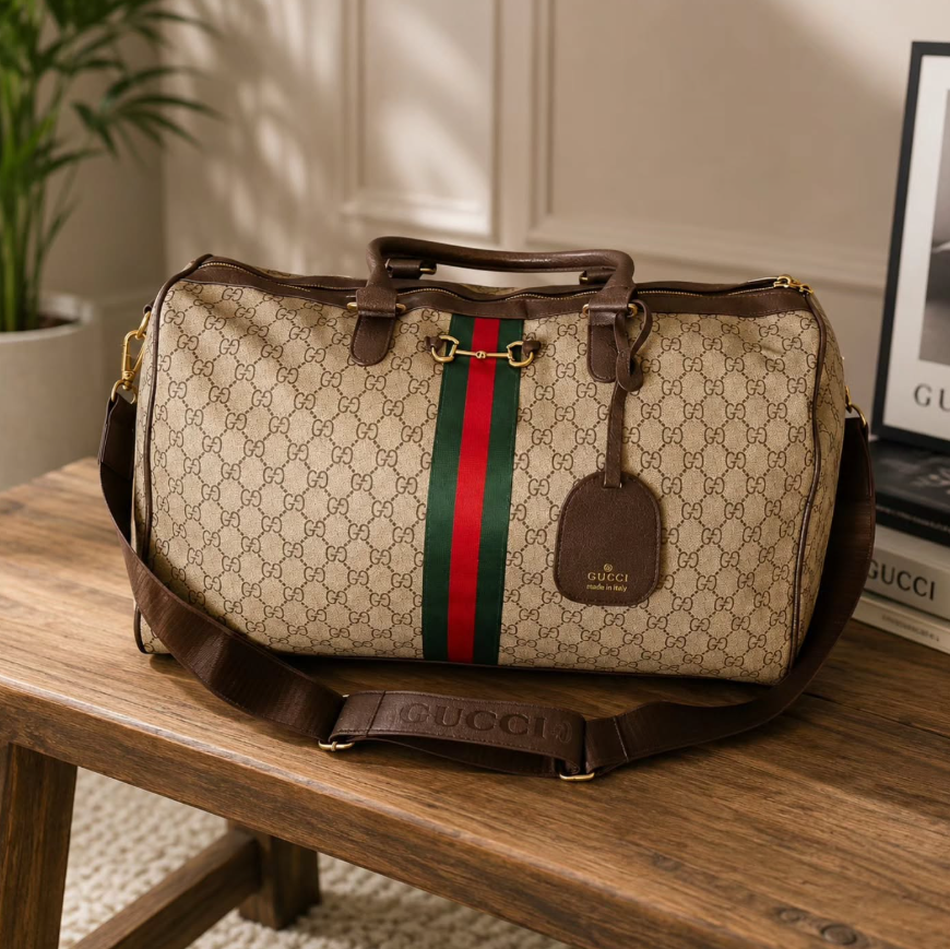 A Gucci monogram duffel bag with a brown leather handle, shoulder strap, and a green-and-red web stripe down the center, displayed on a wooden table in an indoor setting.