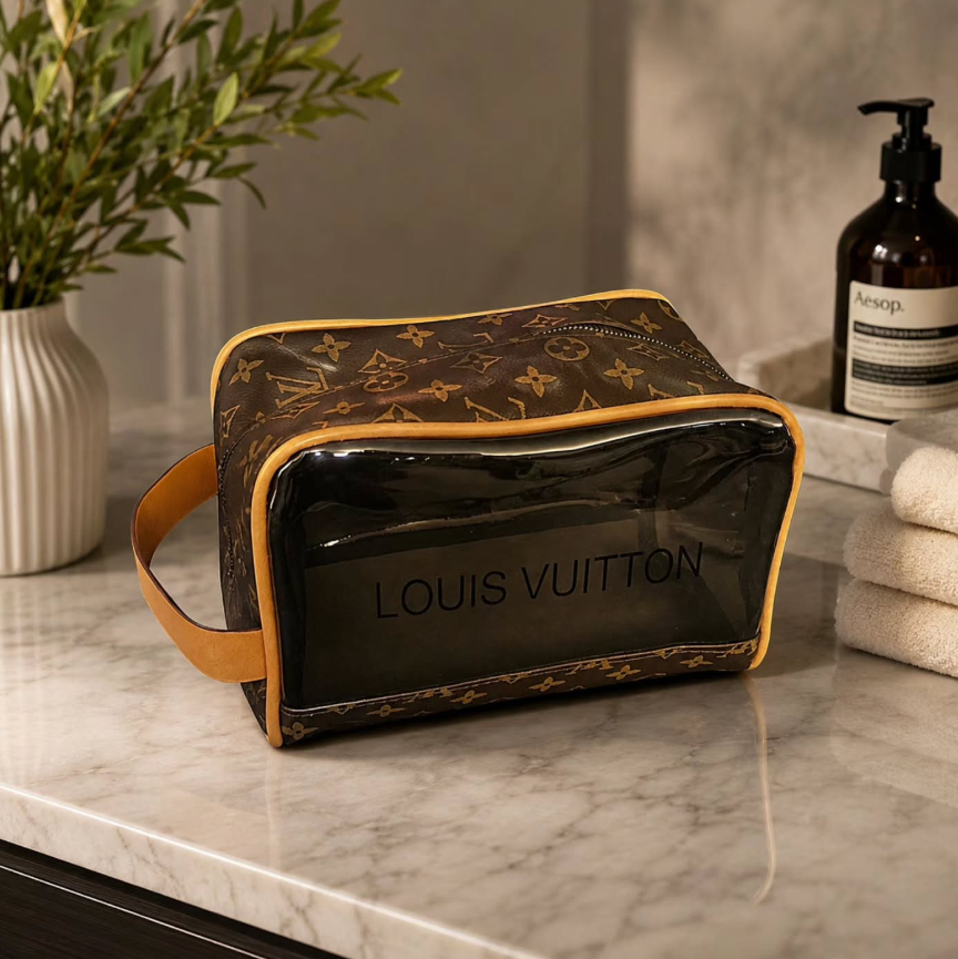 Monogram Toiletry Bag | Luxury Inspired Travel Pouch | Brown Pattern Cosmetic Organizer | Unisex Toiletry Case | Travel Essentials Bag