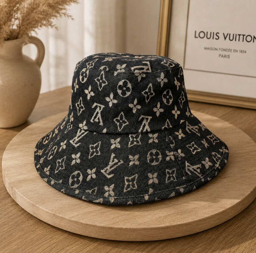 Denim Monogram Bucket Hat | Luxury Inspired Sun Hat | Blue Pattern Bucket Hat | Unisex Streetwear Hat | Trendy Fashion Accessory