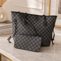 Black Monogram Tote Bag | Luxury-Inspired Shoulder Bag | Large Everyday Carryall Tote | Classic Pattern Handbag | Women’s Travel Purse