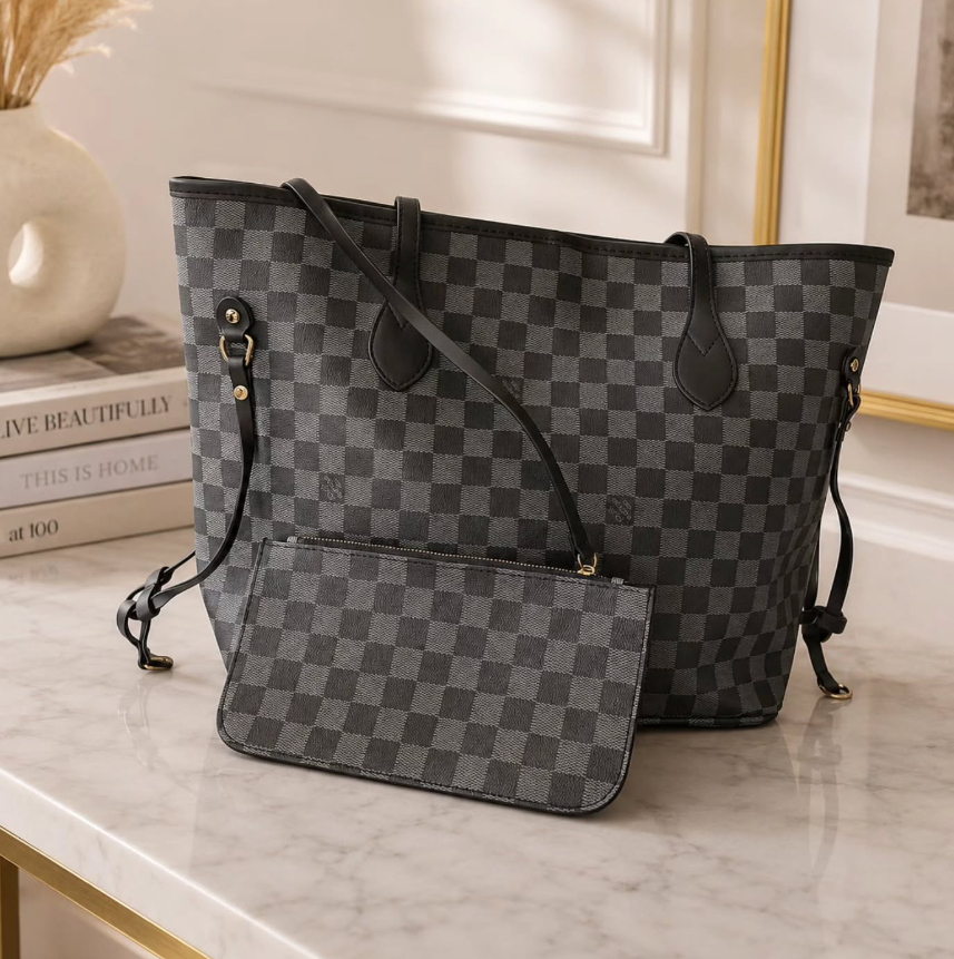 Black Monogram Tote Bag | Luxury-Inspired Shoulder Bag | Large Everyday Carryall Tote | Classic Pattern Handbag | Women’s Travel Purse